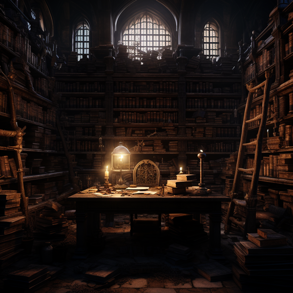 a dimly lit library with towering bookshelves filled with ancient tomes